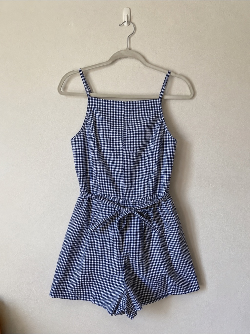 Caroline Constas Blue Gingham Linen Belted Romper NWT Medium